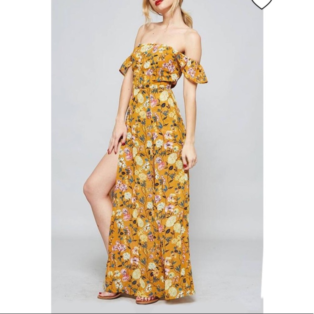 Mustard Floral Off-Shoulder Maxi Romper Slits